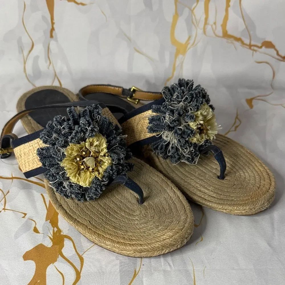 *Coach Denim and Tan Floral Sandals